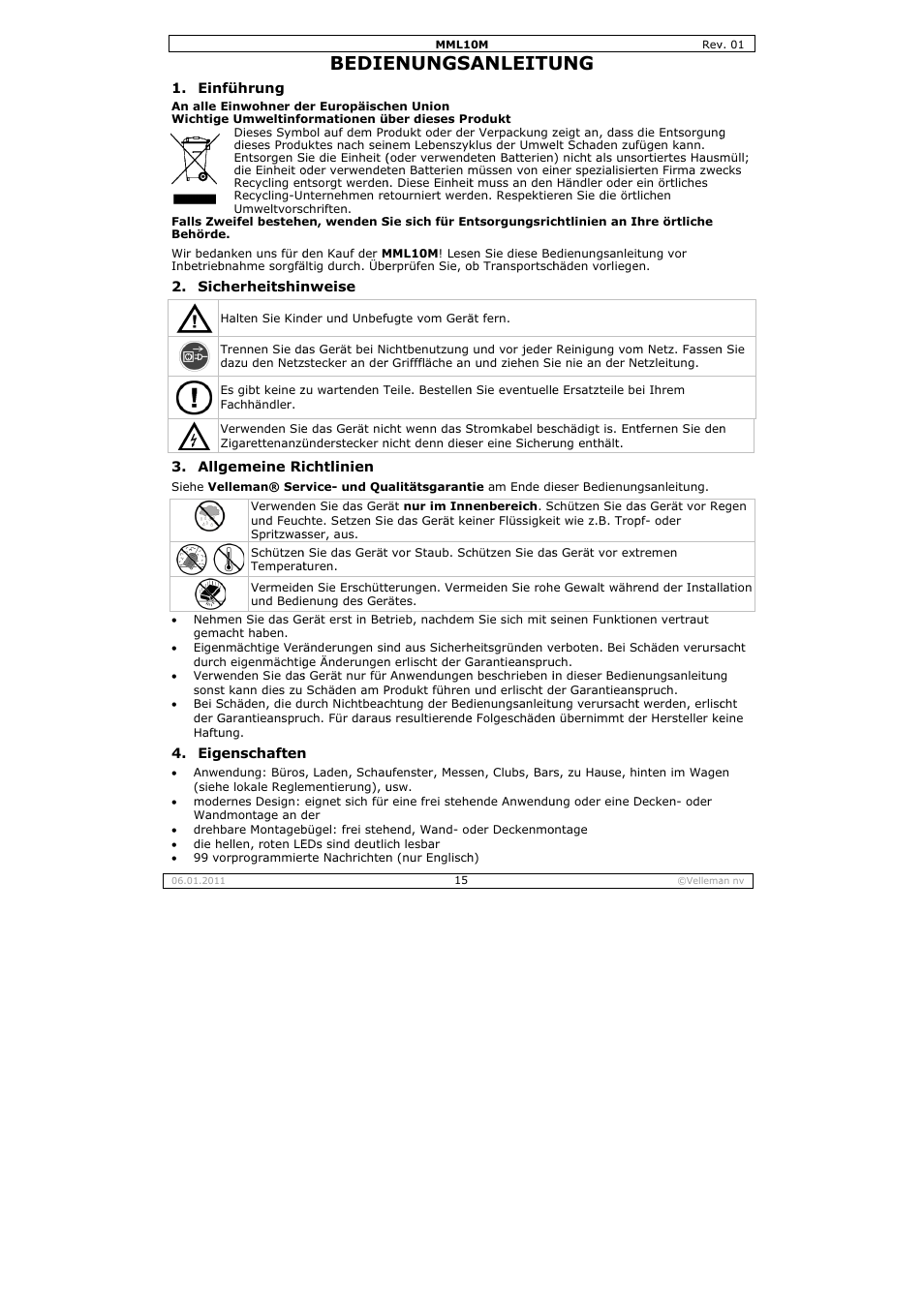 Bedie, Enungs, Anleitu | Velleman MML10M User Manual | Page 15 / 23