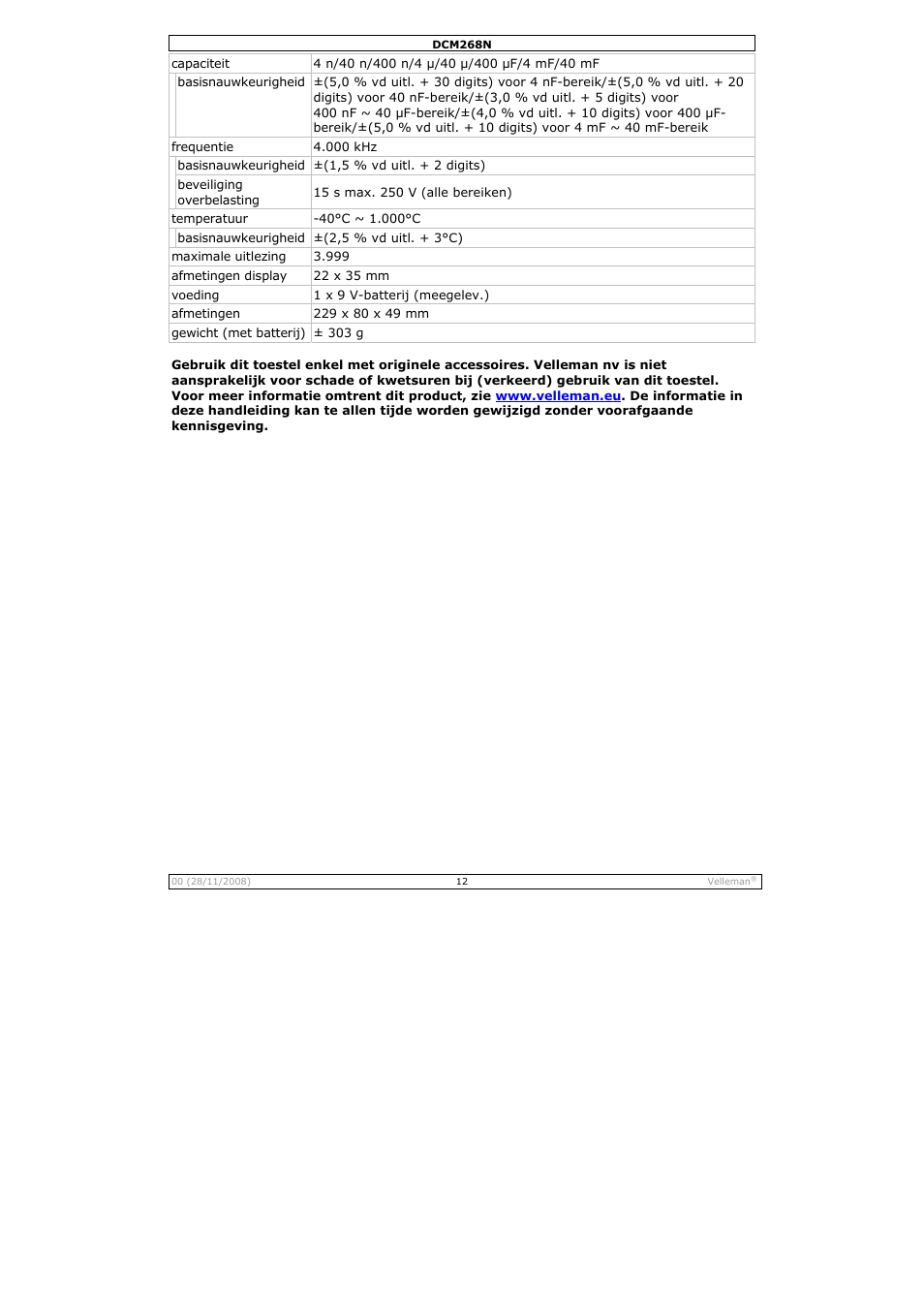 Velleman DCM268N User Manual | Page 12 / 27