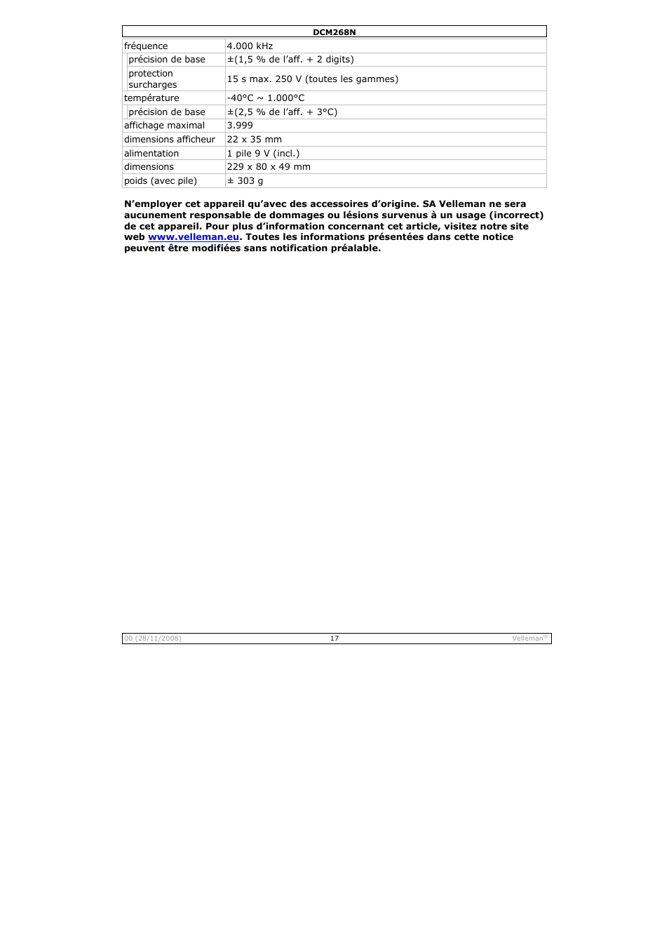 Velleman DCM268N User Manual | Page 17 / 27