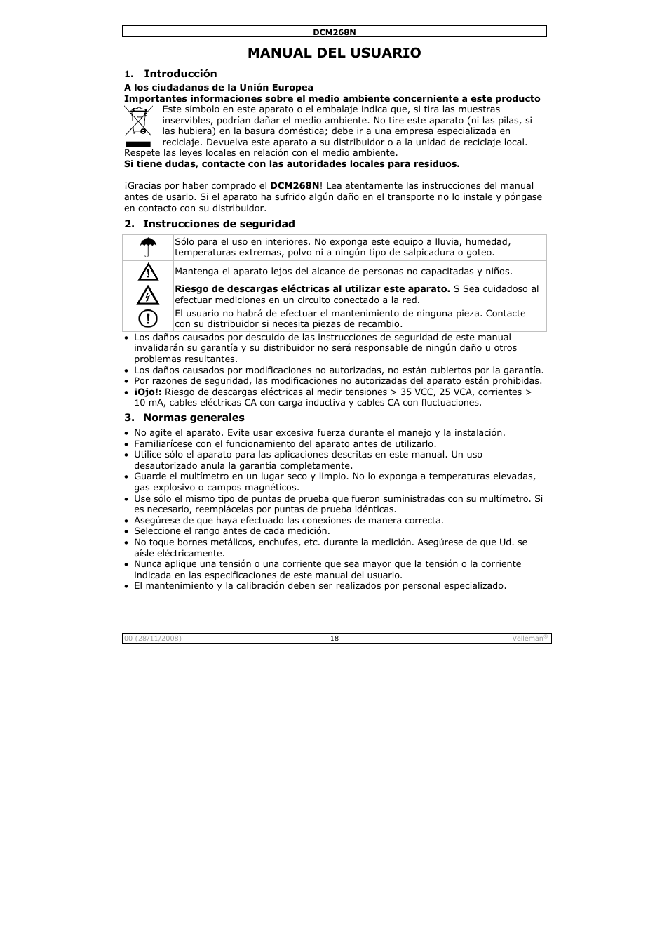 Manual del usuario | Velleman DCM268N User Manual | Page 18 / 27