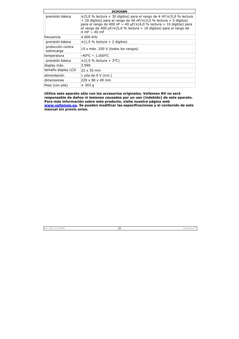 Velleman DCM268N User Manual | Page 22 / 27