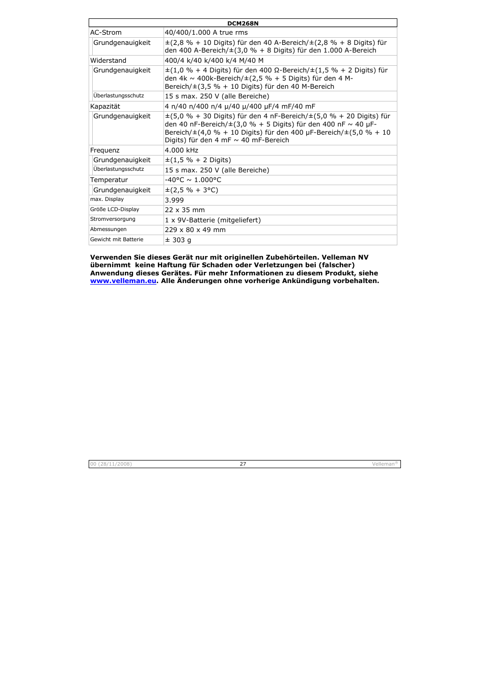Velleman DCM268N User Manual | Page 27 / 27