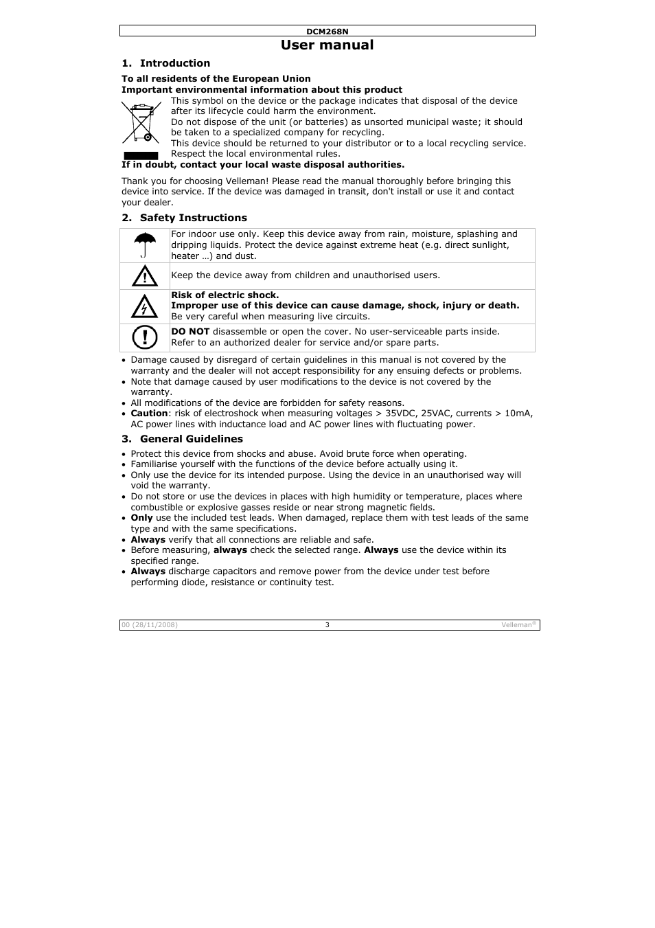User manual | Velleman DCM268N User Manual | Page 3 / 27