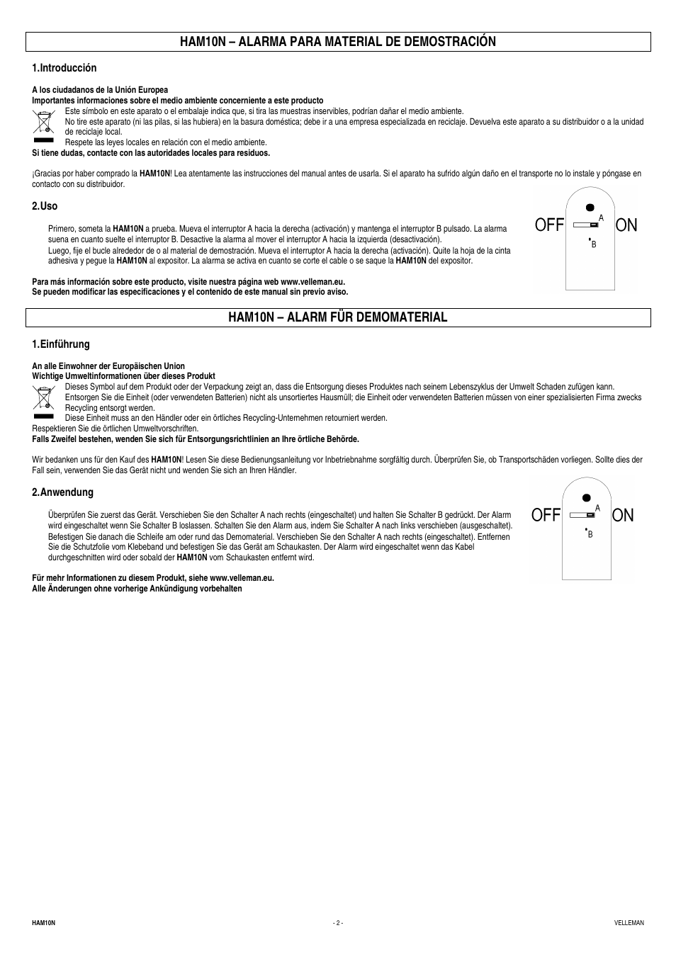 Ham10n – alarma para material de demostración, Ham10n – alarm für demomaterial | Velleman HAM10N User Manual | Page 2 / 2