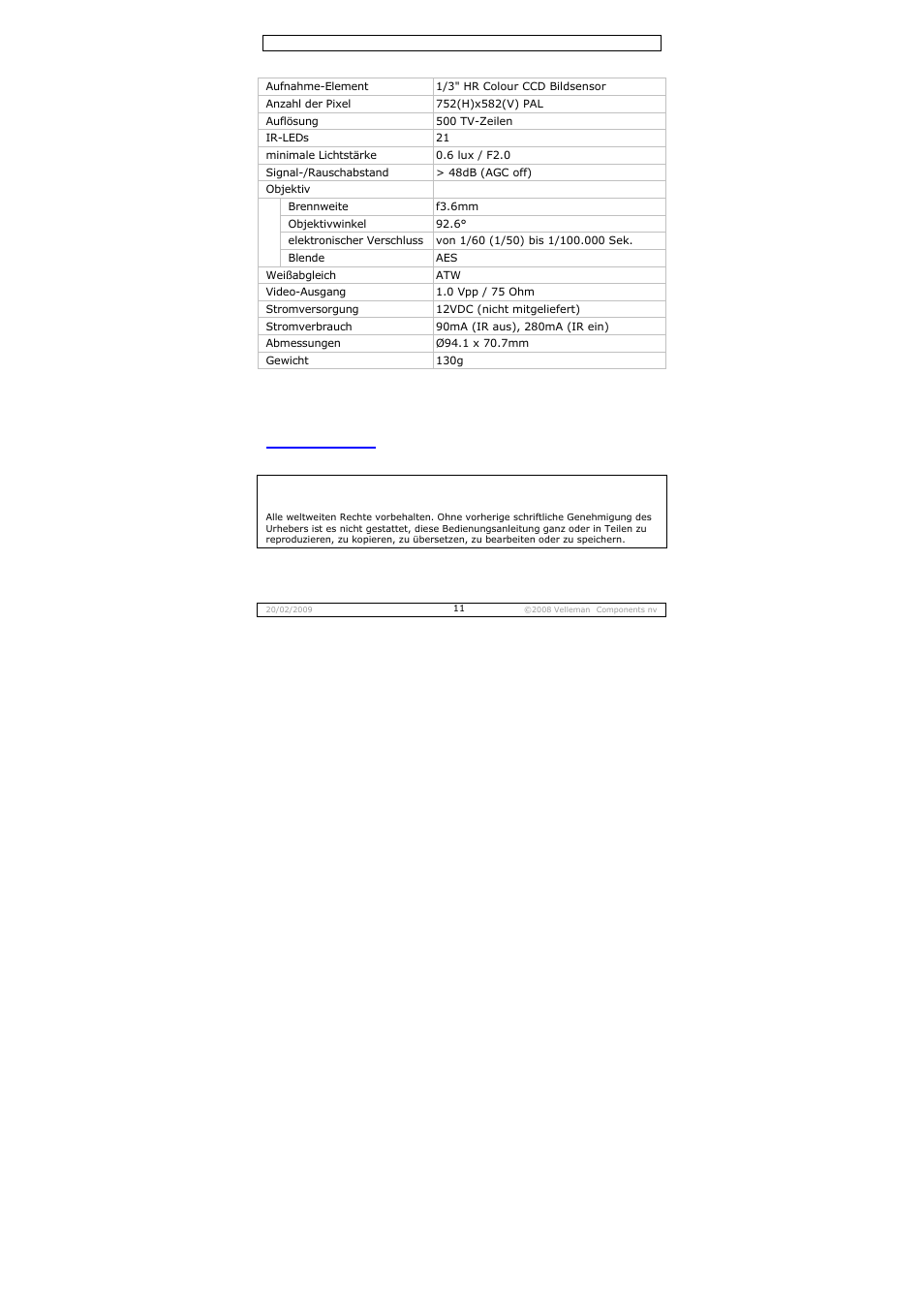 Technische daten | Velleman CAMCOLD14 User Manual | Page 11 / 15