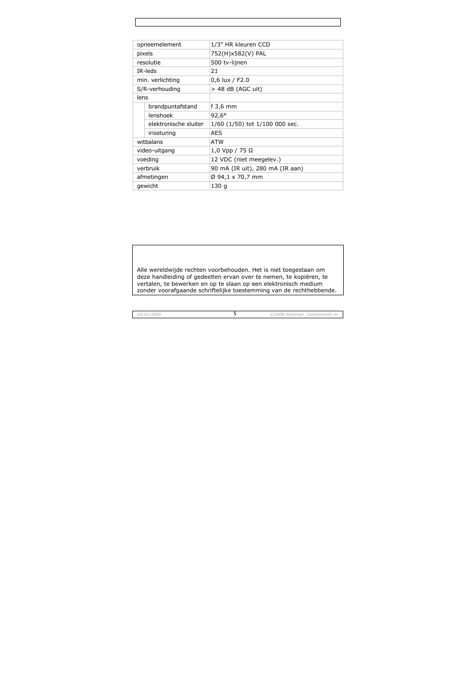 Technische specificaties | Velleman CAMCOLD14 User Manual | Page 5 / 15
