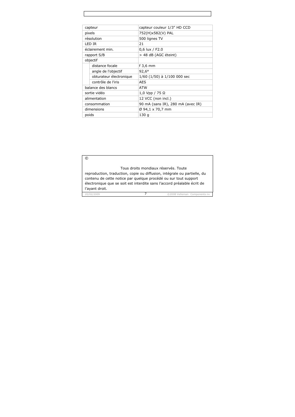 Spécifications techniques | Velleman CAMCOLD14 User Manual | Page 7 / 15