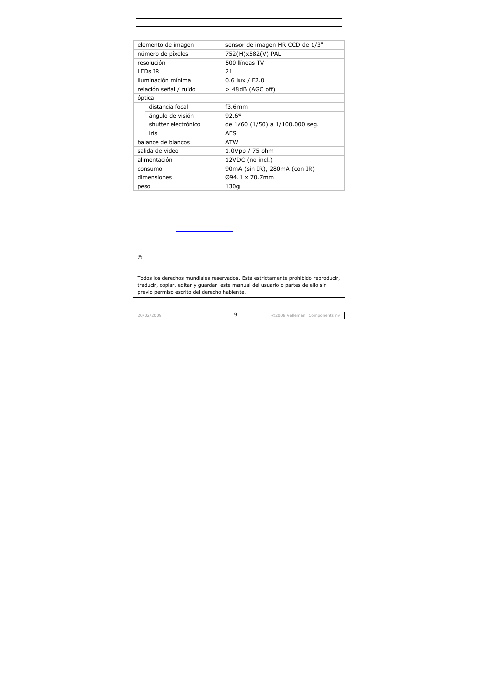 Especificaciones | Velleman CAMCOLD14 User Manual | Page 9 / 15