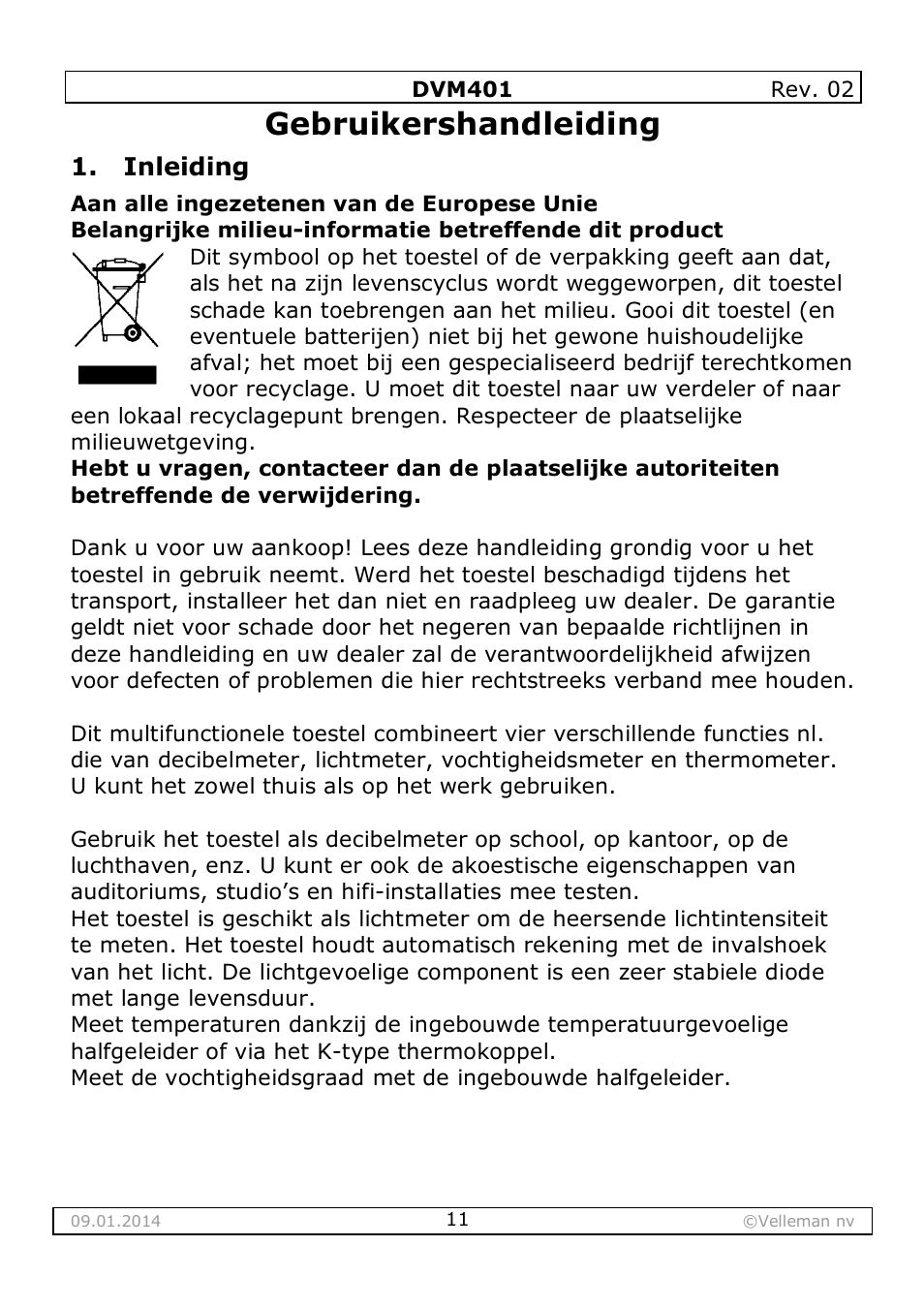Gebruikershandleiding, Inleiding | Velleman DVM401 User Manual | Page 11 / 51