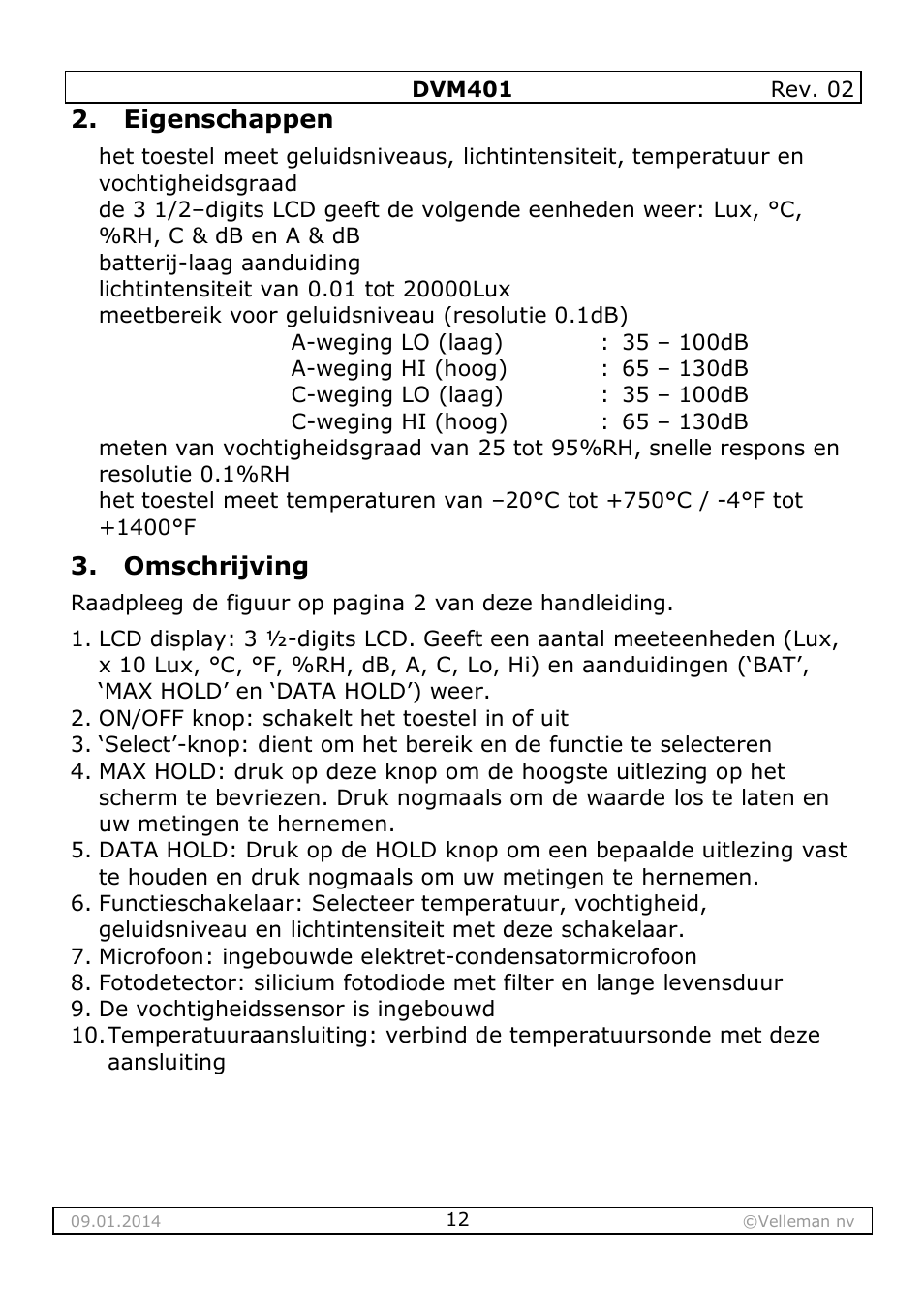 Eigenschappen, Omschrijving | Velleman DVM401 User Manual | Page 12 / 51