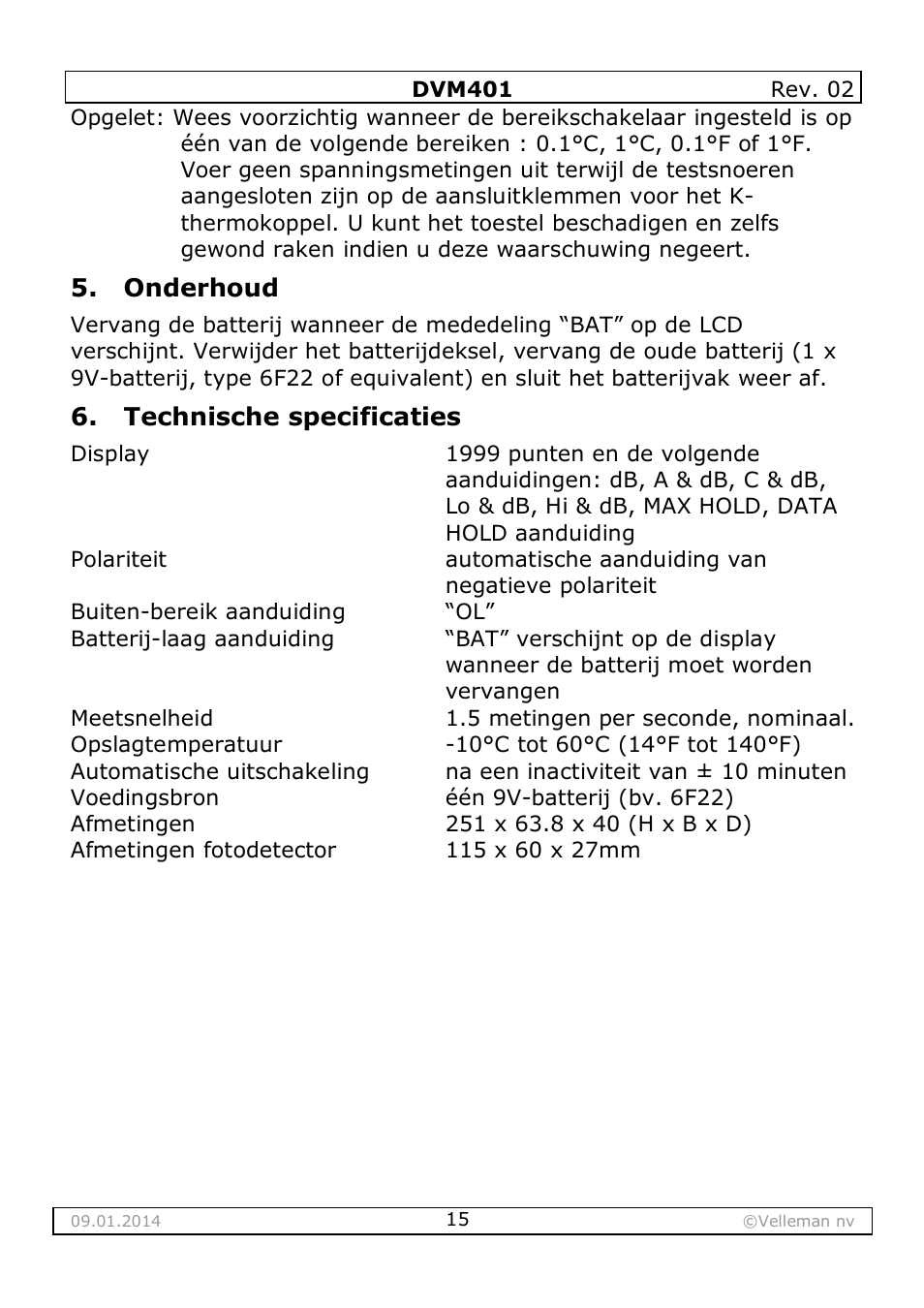 Onderhoud, Technische specificaties | Velleman DVM401 User Manual | Page 15 / 51