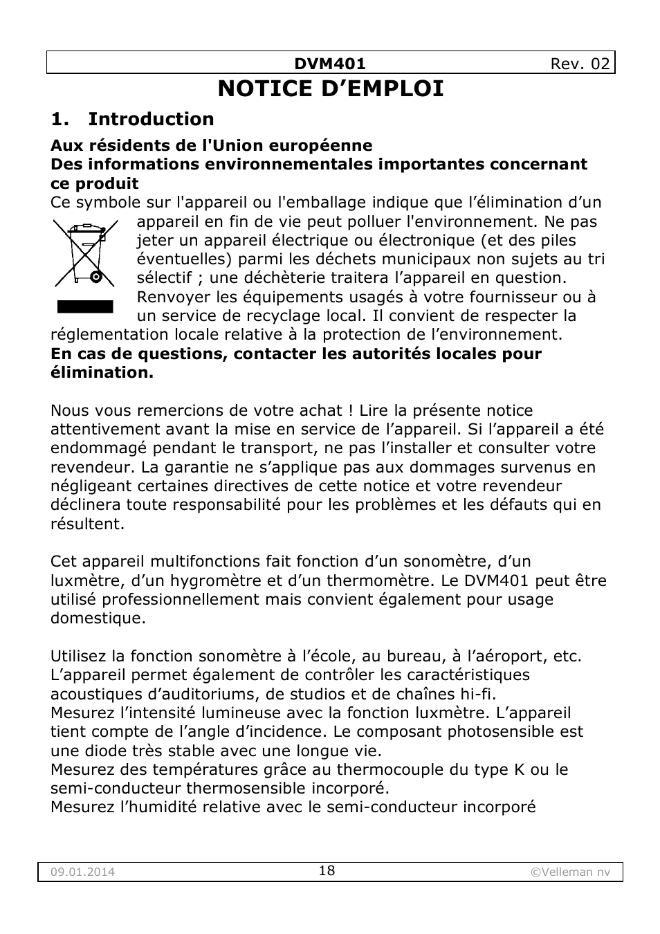 Notice d’emploi, Introduction | Velleman DVM401 User Manual | Page 18 / 51