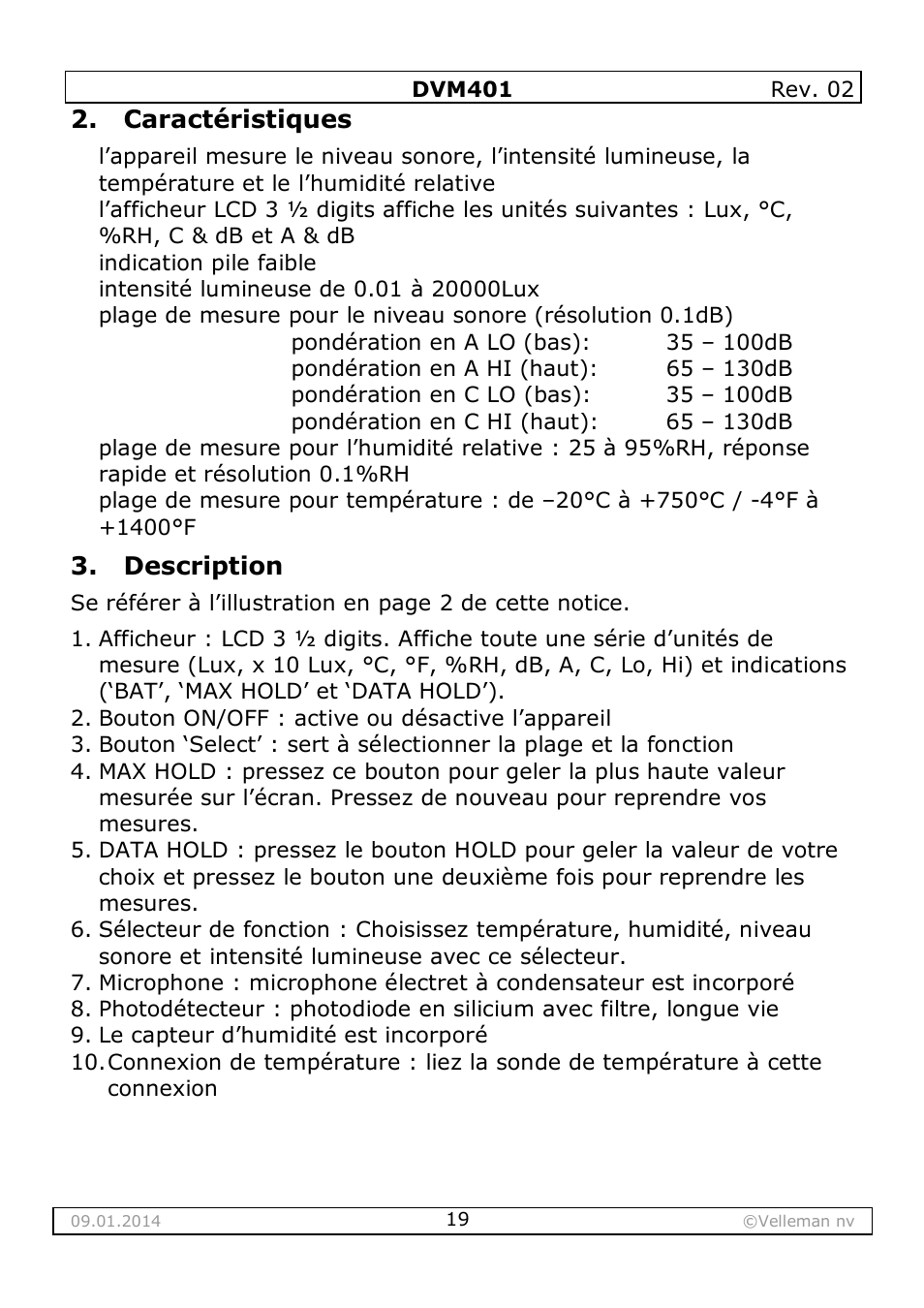 Caractéristiques, Description | Velleman DVM401 User Manual | Page 19 / 51