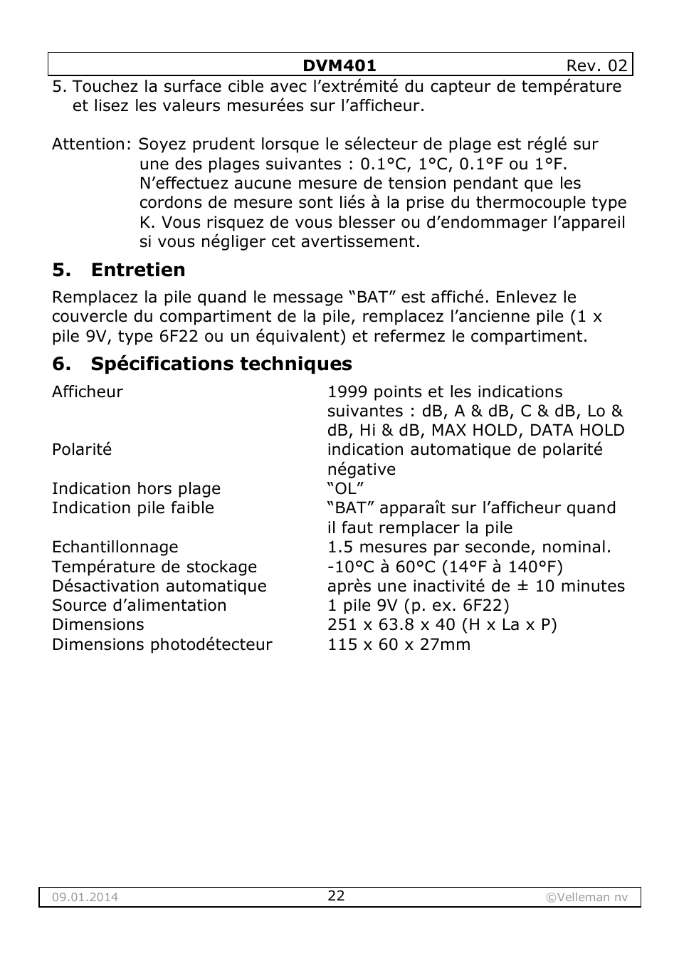 Entretien, Spécifications techniques | Velleman DVM401 User Manual | Page 22 / 51