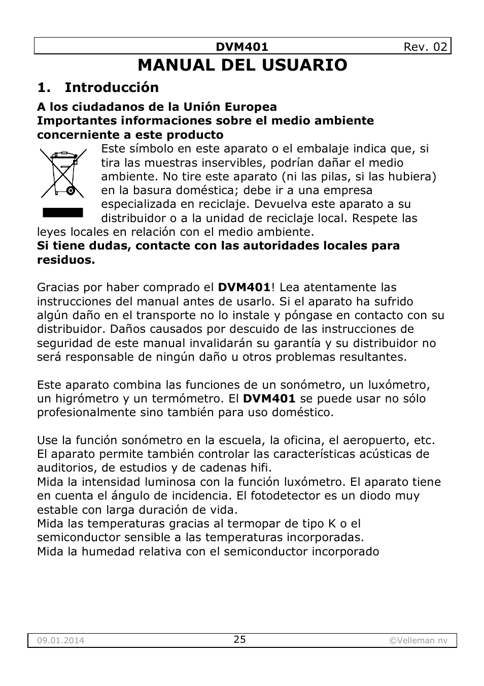 Manual del usuario, Introducción | Velleman DVM401 User Manual | Page 25 / 51