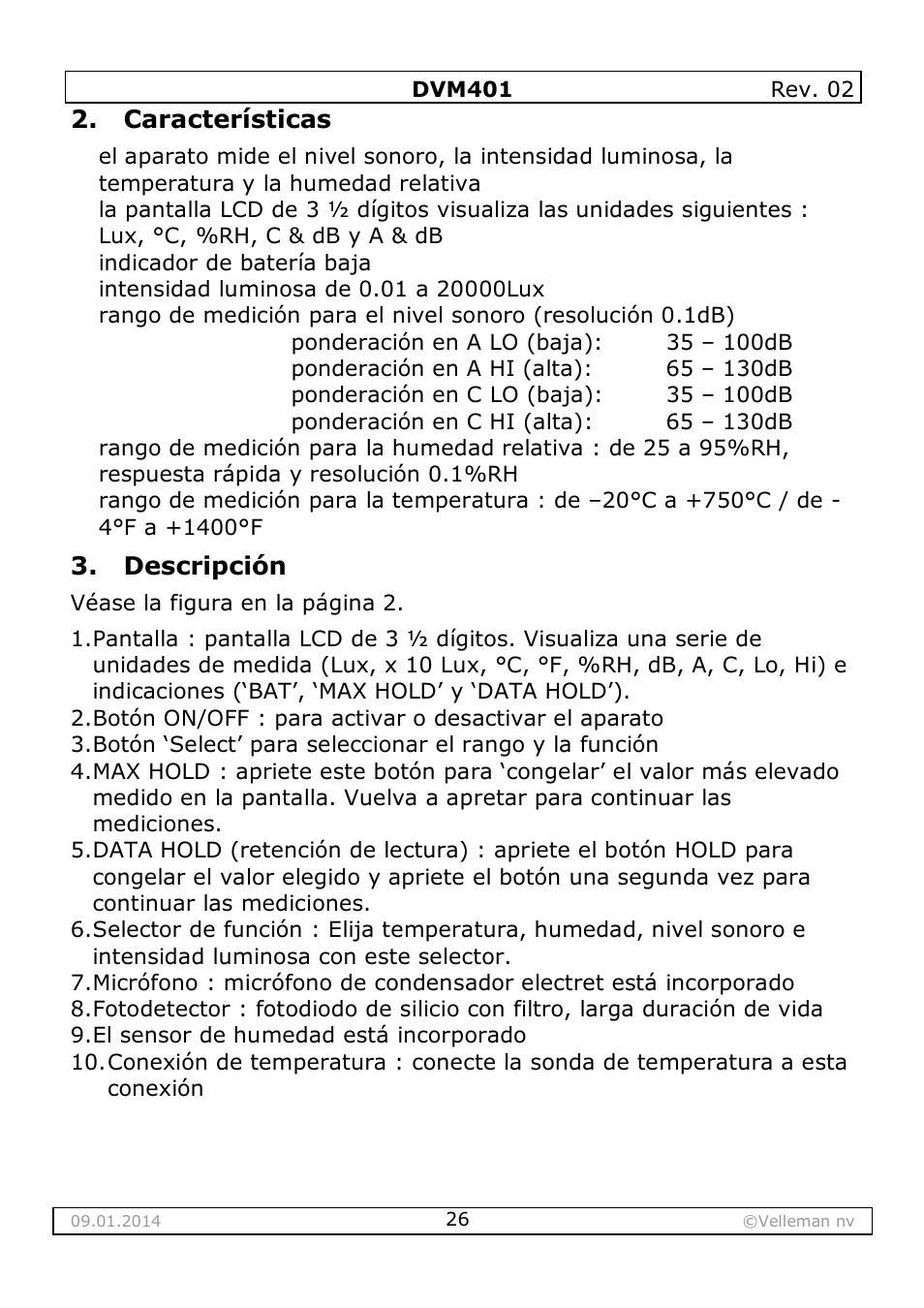 Características, Descripción | Velleman DVM401 User Manual | Page 26 / 51