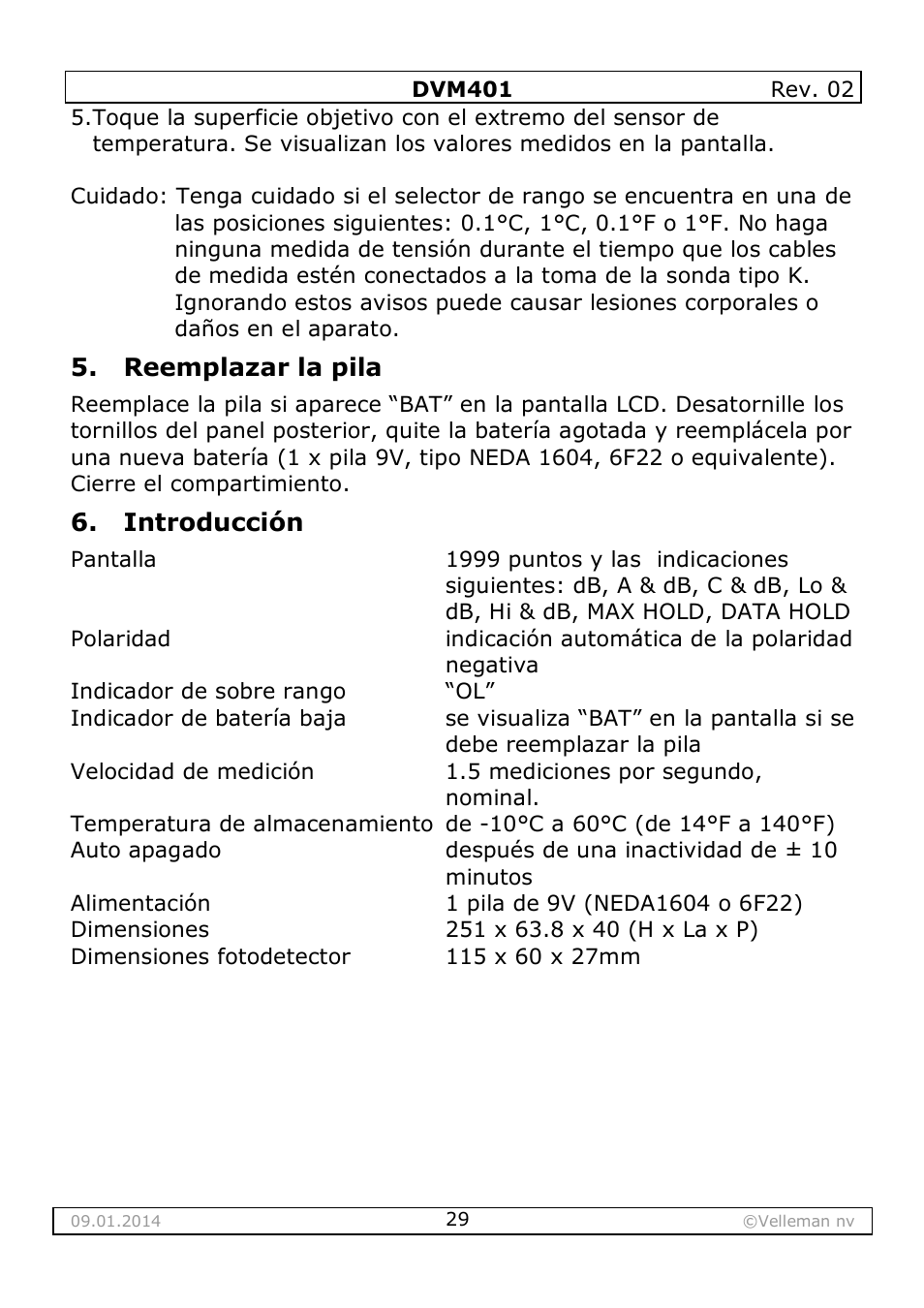 Reemplazar la pila, Introducción | Velleman DVM401 User Manual | Page 29 / 51