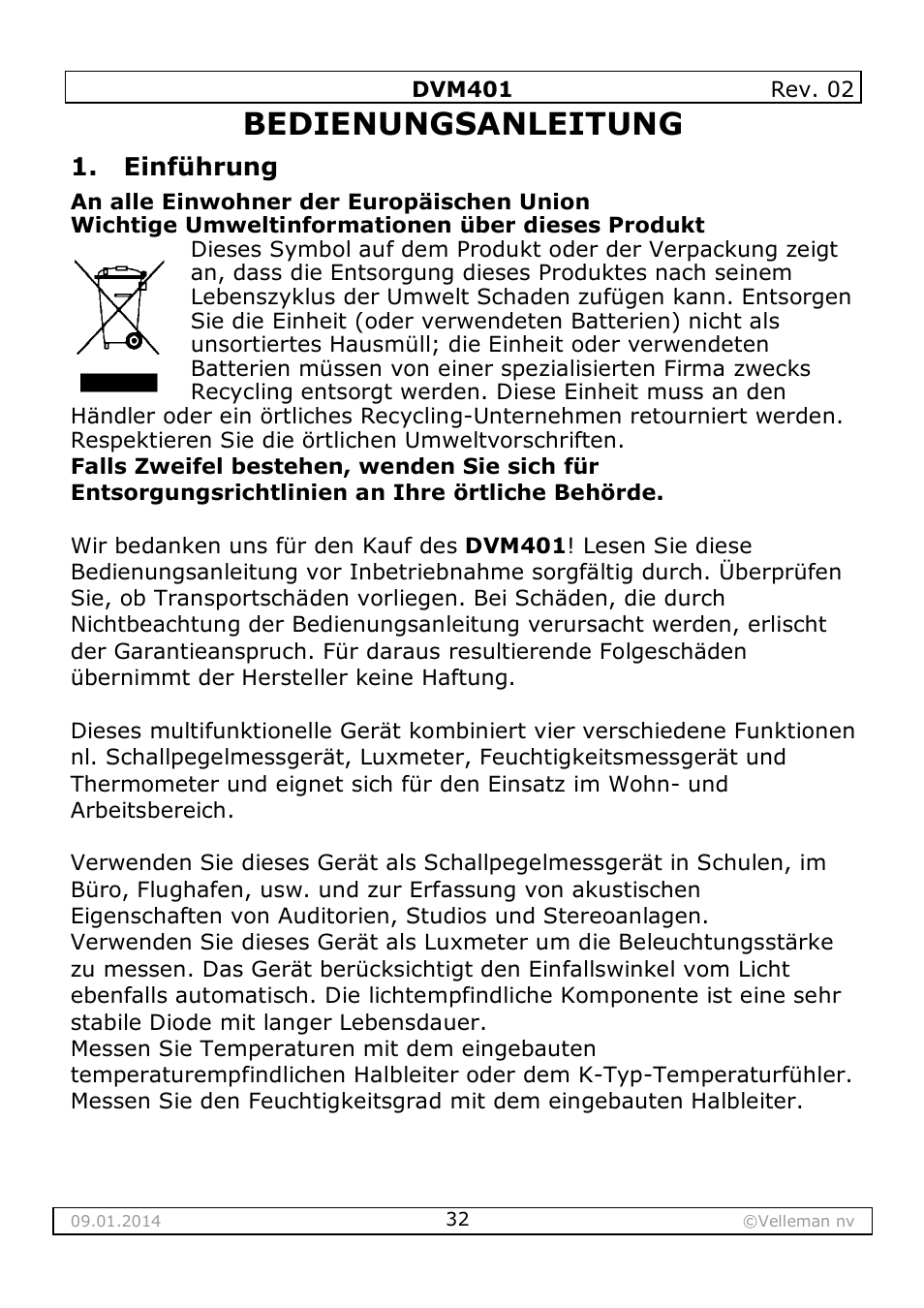 Bedienungsanleitung, Einführung | Velleman DVM401 User Manual | Page 32 / 51
