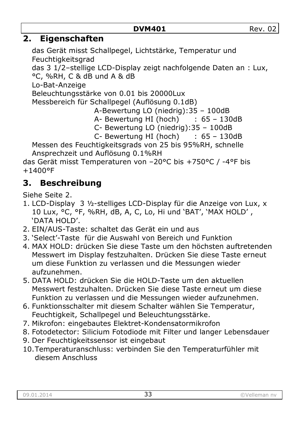 Eigenschaften, Beschreibung | Velleman DVM401 User Manual | Page 33 / 51