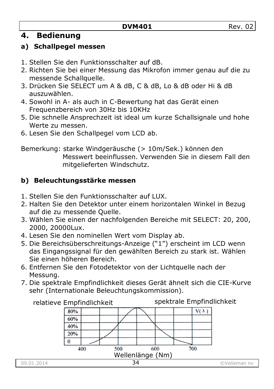 Bedienung | Velleman DVM401 User Manual | Page 34 / 51