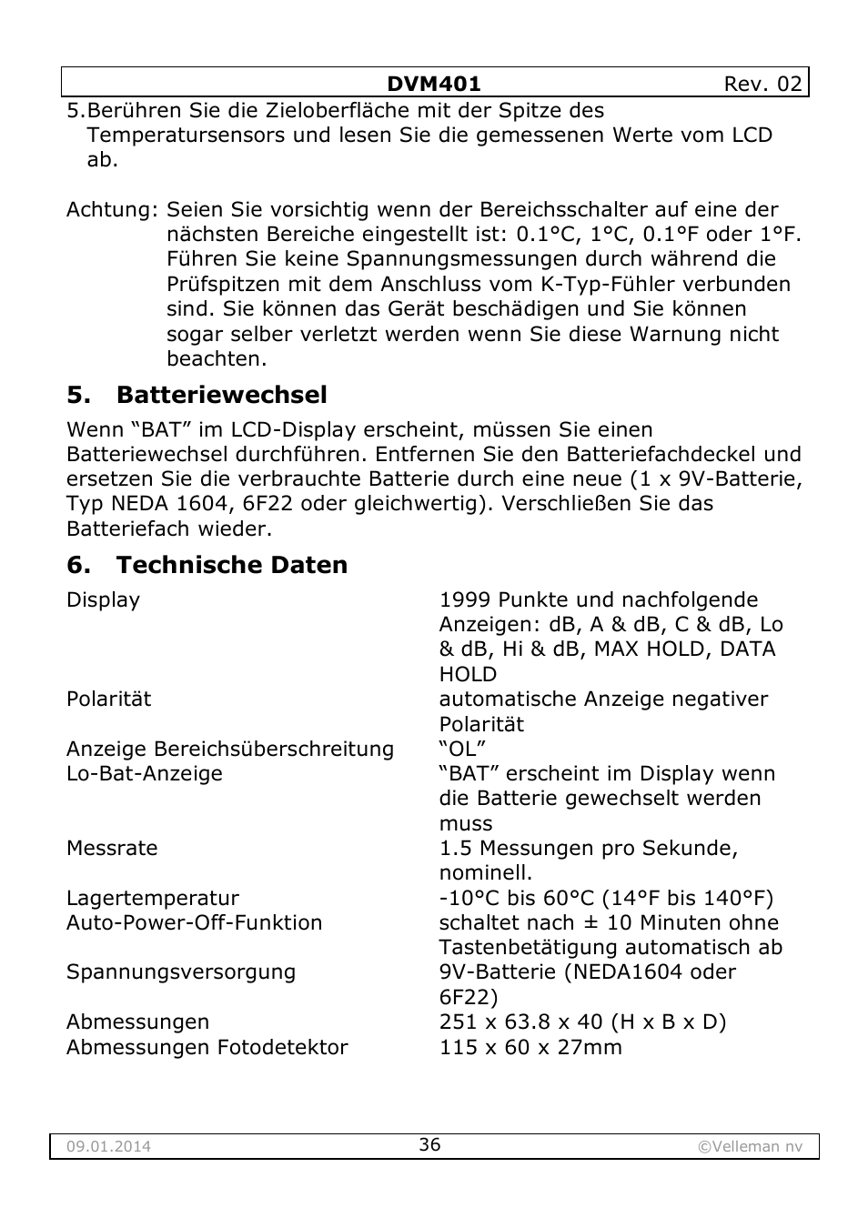Batteriewechsel, Technische daten | Velleman DVM401 User Manual | Page 36 / 51