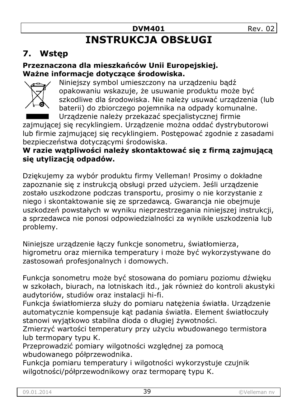 Instrukcja obsługi, Wstęp | Velleman DVM401 User Manual | Page 39 / 51