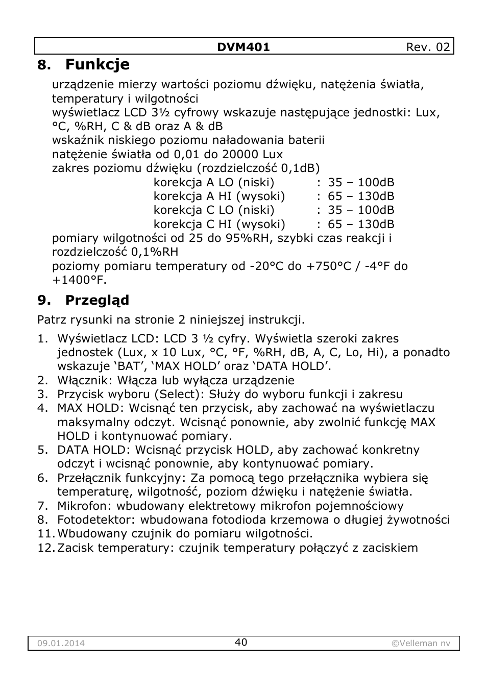 Funkcje, Przegląd | Velleman DVM401 User Manual | Page 40 / 51
