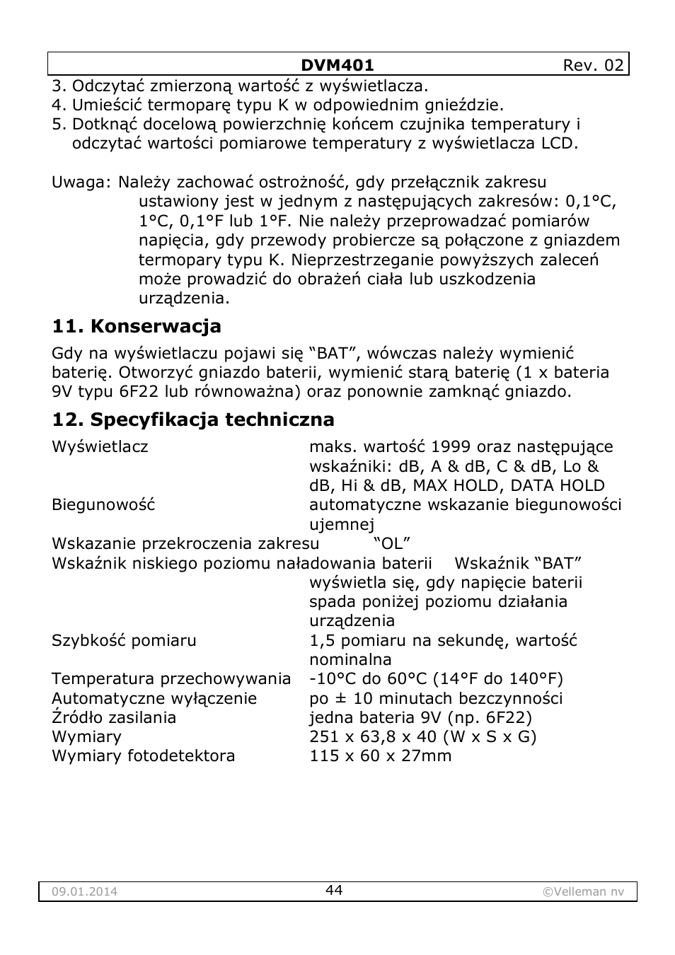 Konserwacja, Specyfikacja techniczna | Velleman DVM401 User Manual | Page 44 / 51