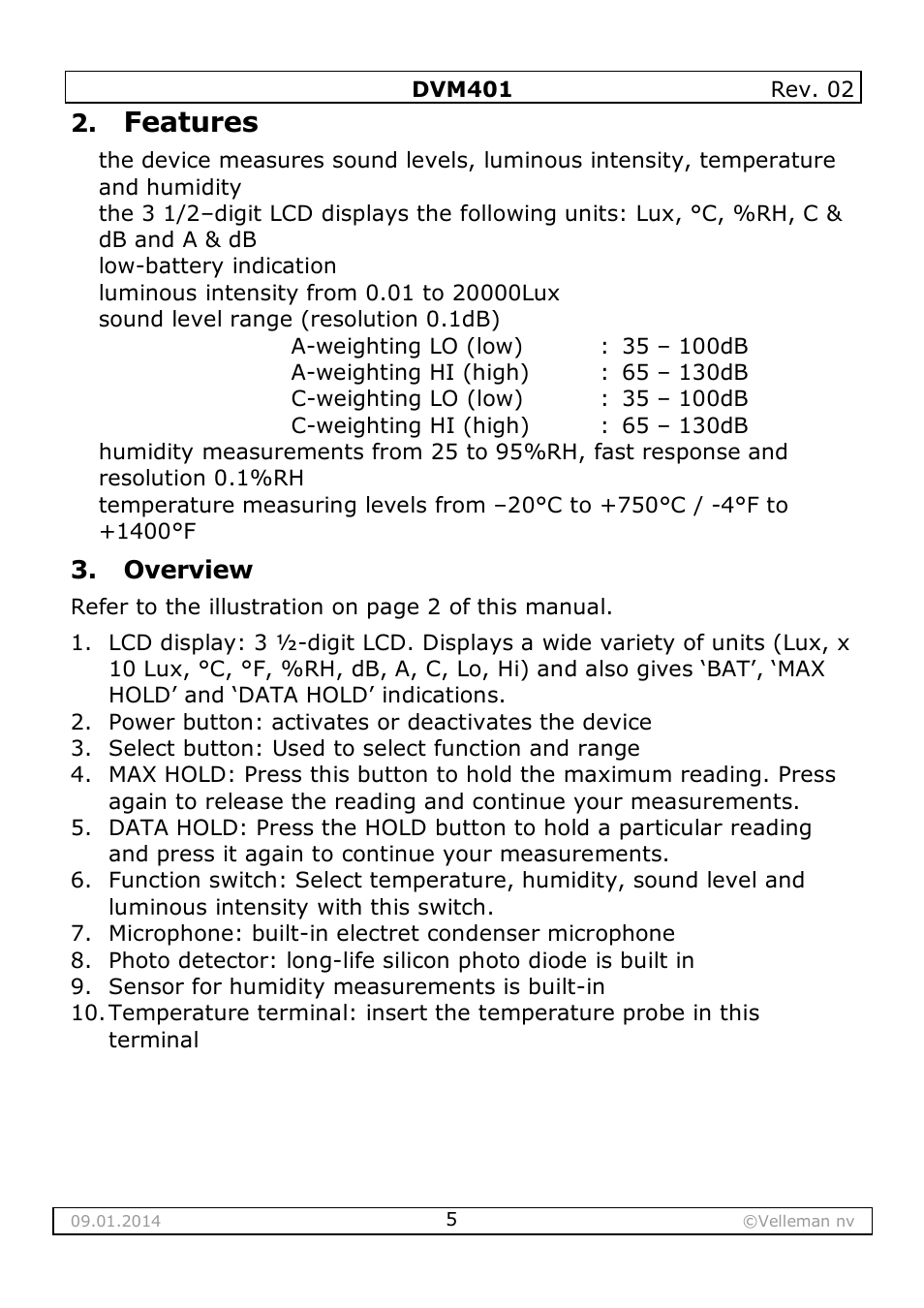 Features, Overview | Velleman DVM401 User Manual | Page 5 / 51