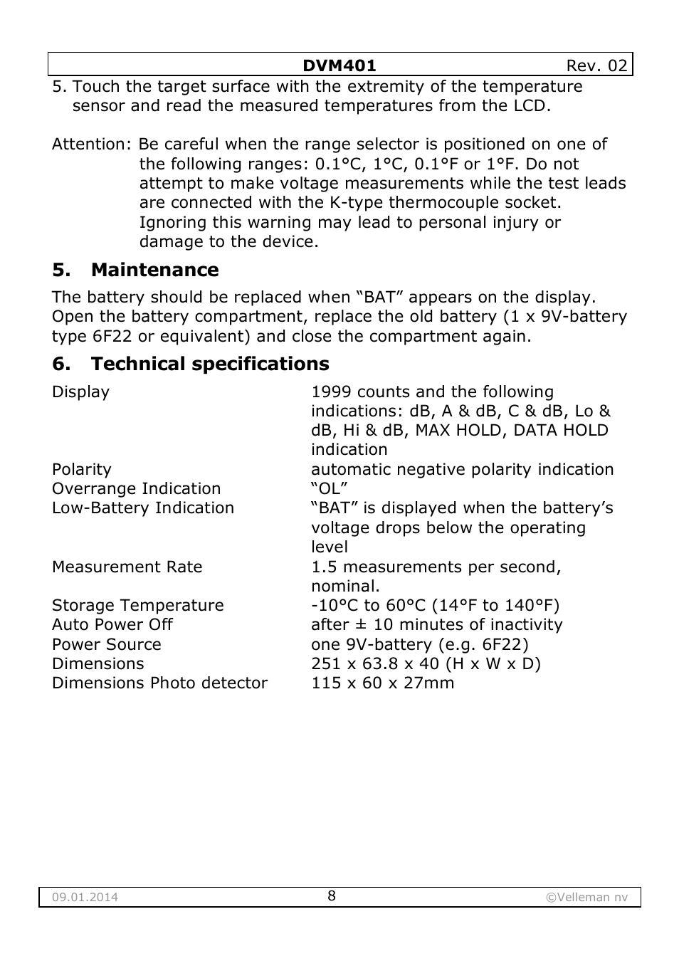 Maintenance, Technical specifications | Velleman DVM401 User Manual | Page 8 / 51