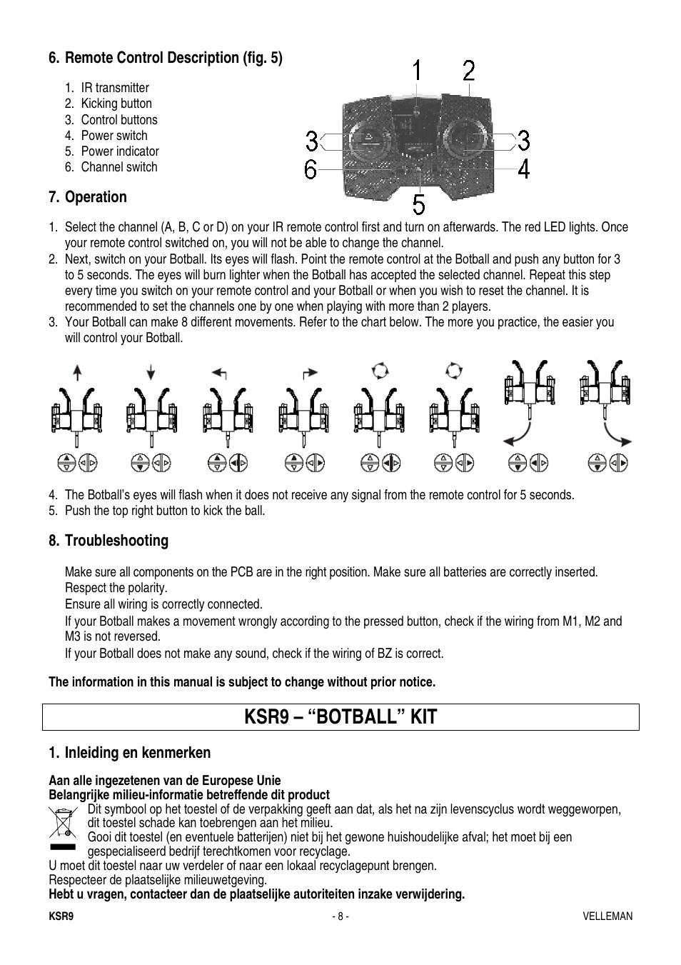 Ksr9 – “botball” kit, Remote control description (fig. 5), Operation | Troubleshooting, Inleiding en kenmerken | Velleman KSR9 User Manual | Page 8 / 17