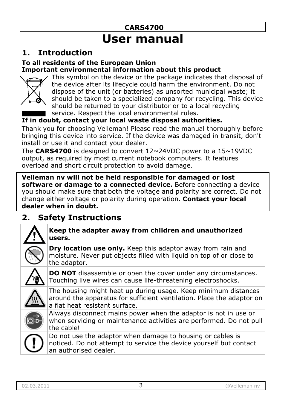 User manual, Introduction, Safety instructions | Velleman CARS4700 User Manual | Page 3 / 19