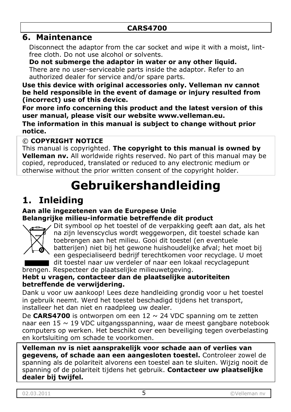 Gebruikershandleiding, Inleiding, Maintenance | Velleman CARS4700 User Manual | Page 5 / 19