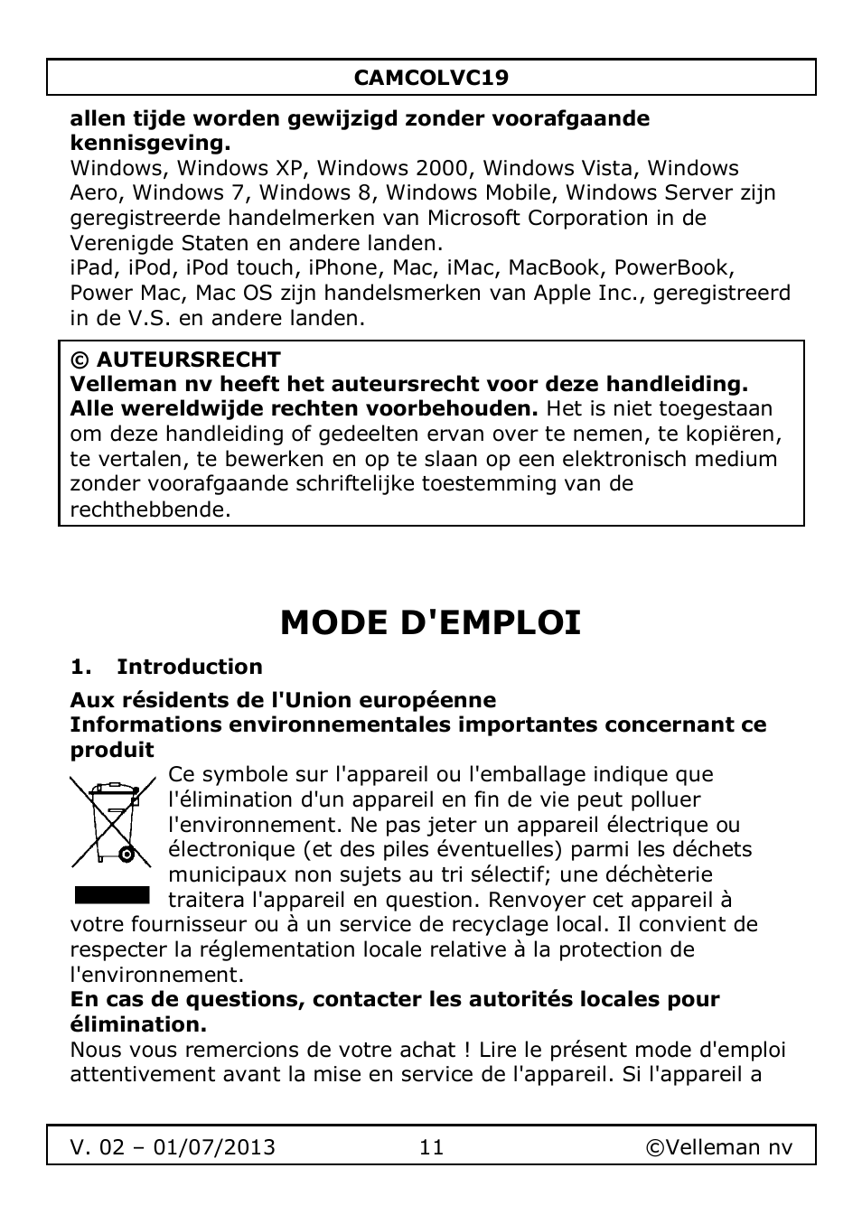 Mode d'emploi, Introduction | Velleman CAMCOLVC19 User Manual | Page 11 / 43