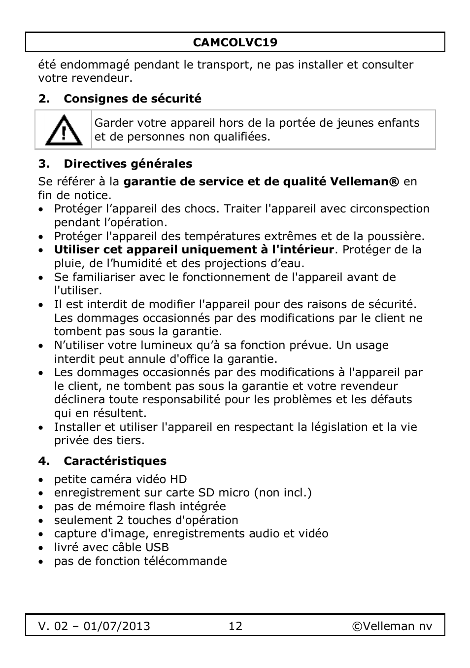 Consignes de sécurité, Directives générales, Caractéristiques | Velleman CAMCOLVC19 User Manual | Page 12 / 43