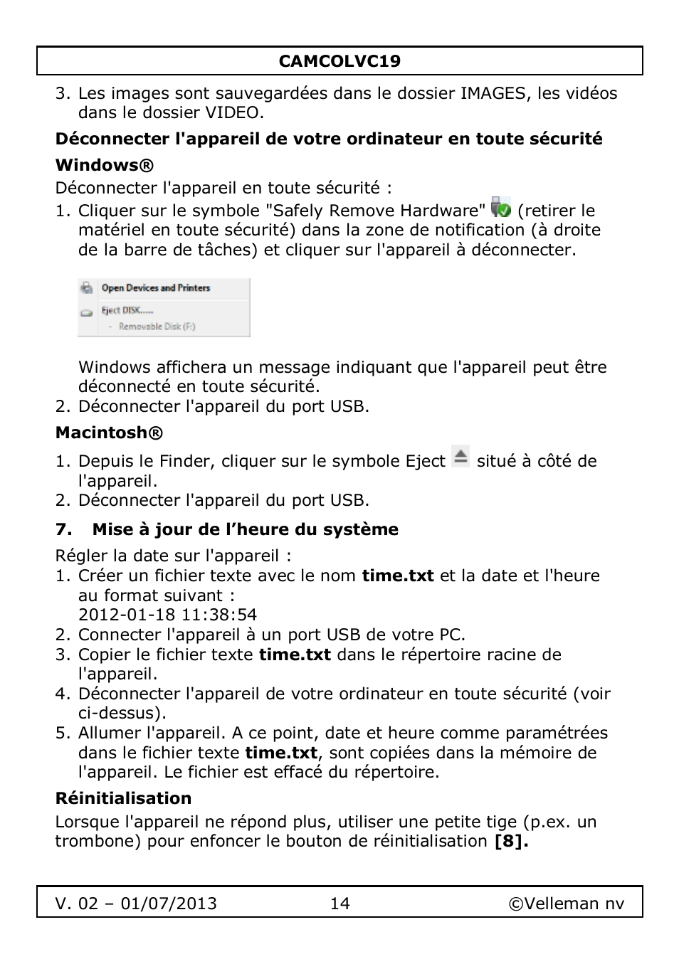 Windows, Macintosh, Mise à jour de l’heure du système | Réinitialisation | Velleman CAMCOLVC19 User Manual | Page 14 / 43