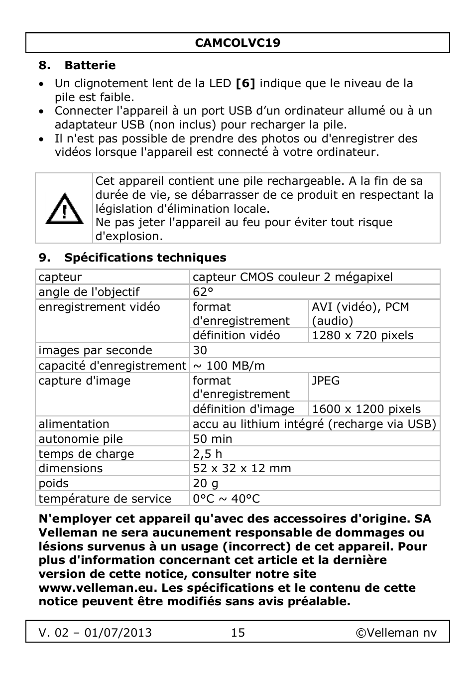Batterie, Spécifications techniques | Velleman CAMCOLVC19 User Manual | Page 15 / 43