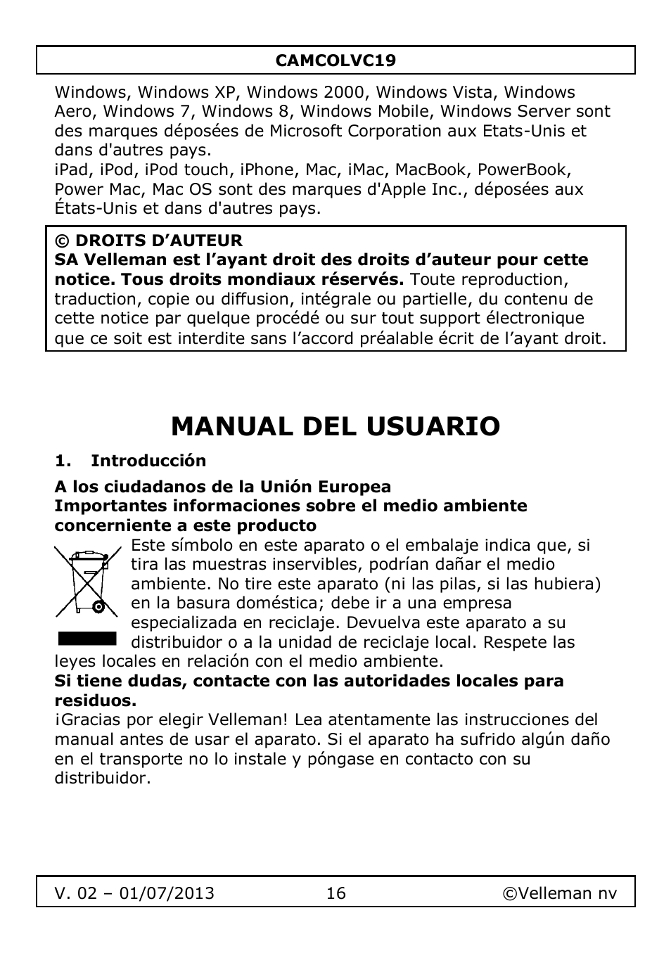 Manual del usuario, Introducción | Velleman CAMCOLVC19 User Manual | Page 16 / 43