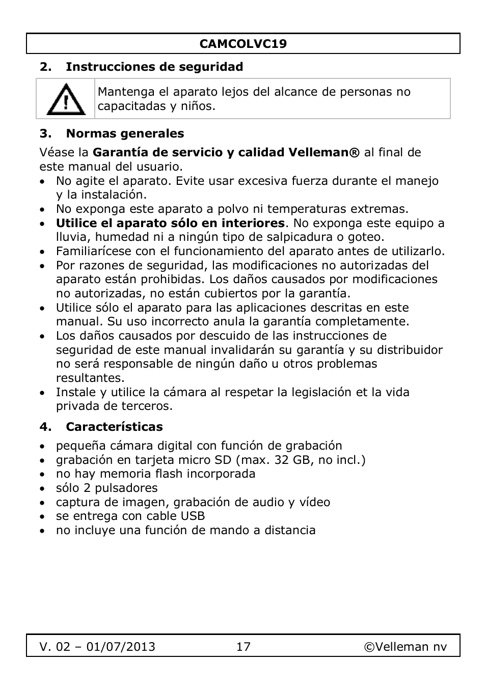 Instrucciones de seguridad, Normas generales, Características | Velleman CAMCOLVC19 User Manual | Page 17 / 43