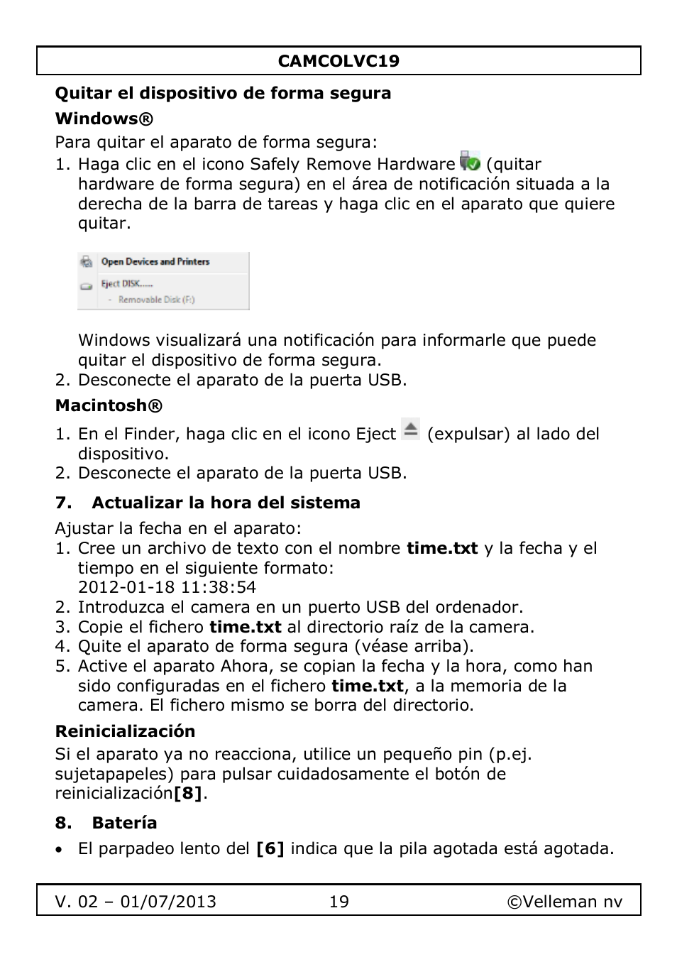 Quitar el dispositivo de forma segura, Windows, Macintosh | Actualizar la hora del sistema, Reinicialización, Batería | Velleman CAMCOLVC19 User Manual | Page 19 / 43