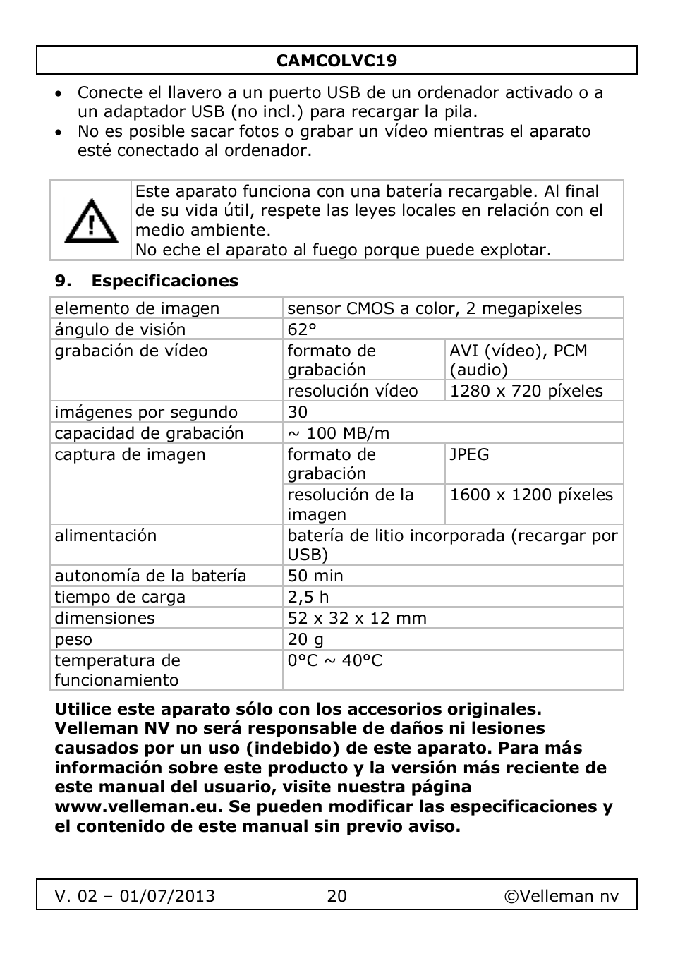 Especificaciones | Velleman CAMCOLVC19 User Manual | Page 20 / 43