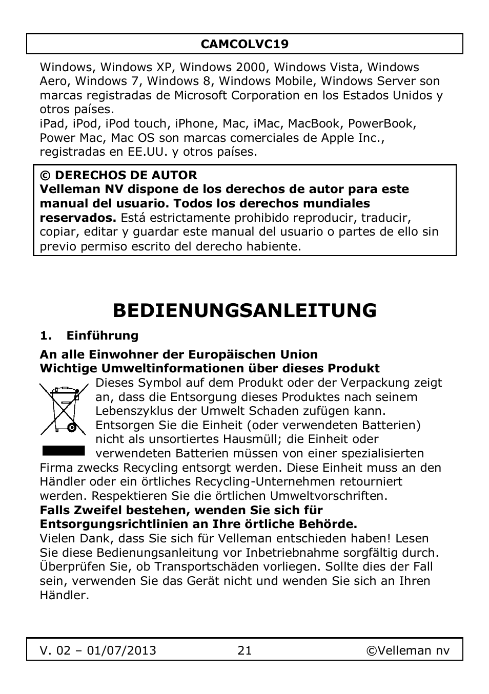 Bedienungsanleitung, Einführung | Velleman CAMCOLVC19 User Manual | Page 21 / 43