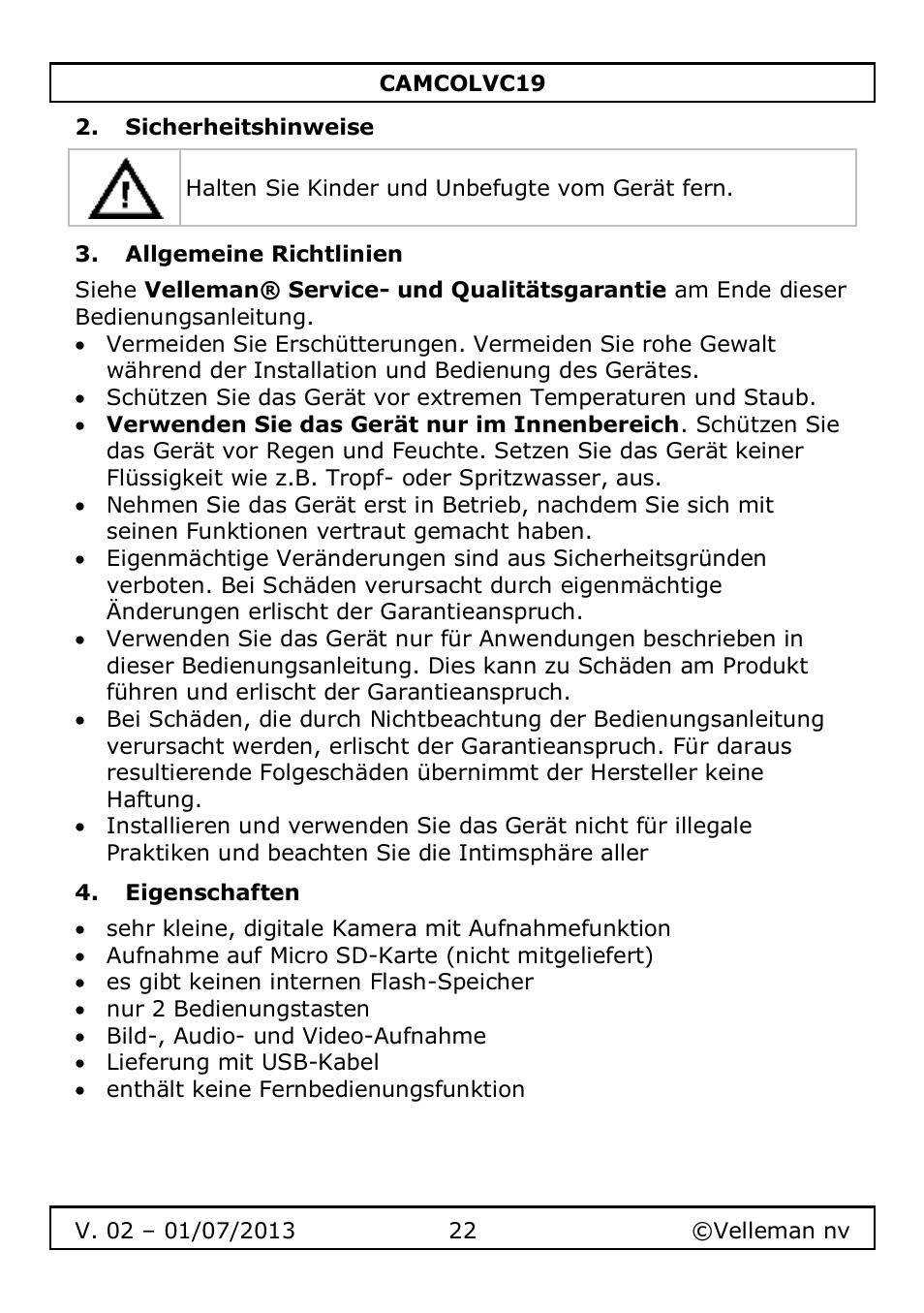 Sicherheitshinweise, Allgemeine richtlinien, Eigenschaften | Velleman CAMCOLVC19 User Manual | Page 22 / 43