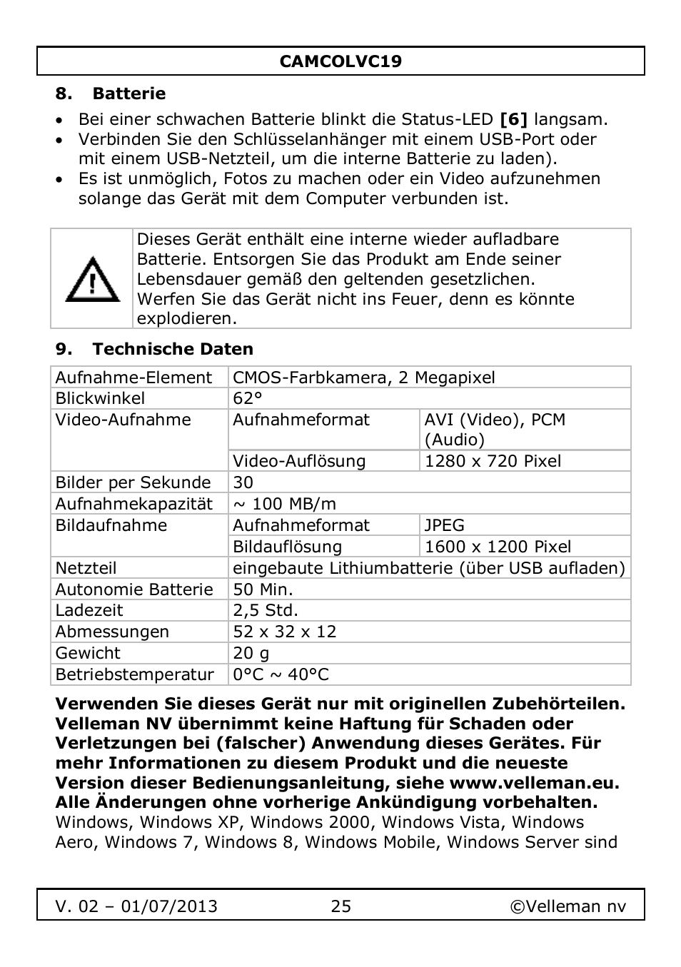 Batterie, Technische daten | Velleman CAMCOLVC19 User Manual | Page 25 / 43