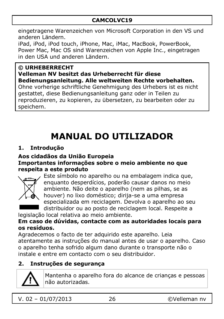 Manual do utilizador, Introdução, Instruções de segurança | Velleman CAMCOLVC19 User Manual | Page 26 / 43