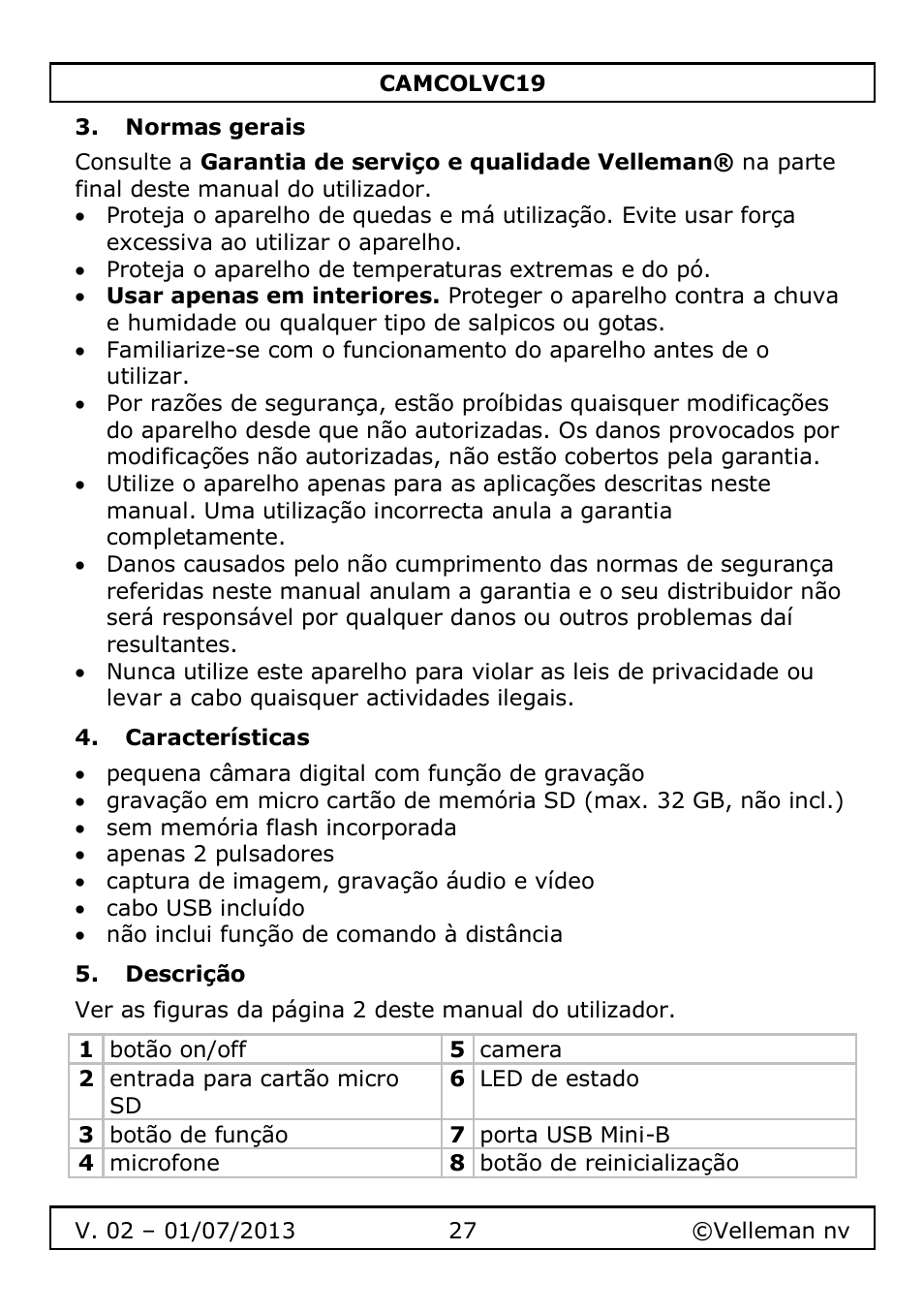 Normas gerais, Características, Descrição | Velleman CAMCOLVC19 User Manual | Page 27 / 43