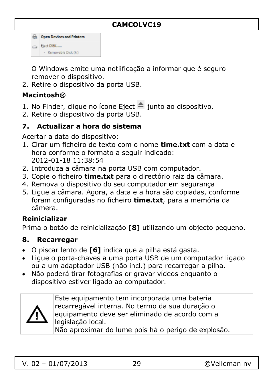 Macintosh, Actualizar a hora do sistema, Reinicializar | Recarregar | Velleman CAMCOLVC19 User Manual | Page 29 / 43