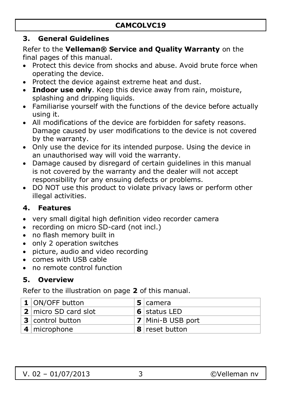 General guidelines, Features, Overview | Velleman CAMCOLVC19 User Manual | Page 3 / 43