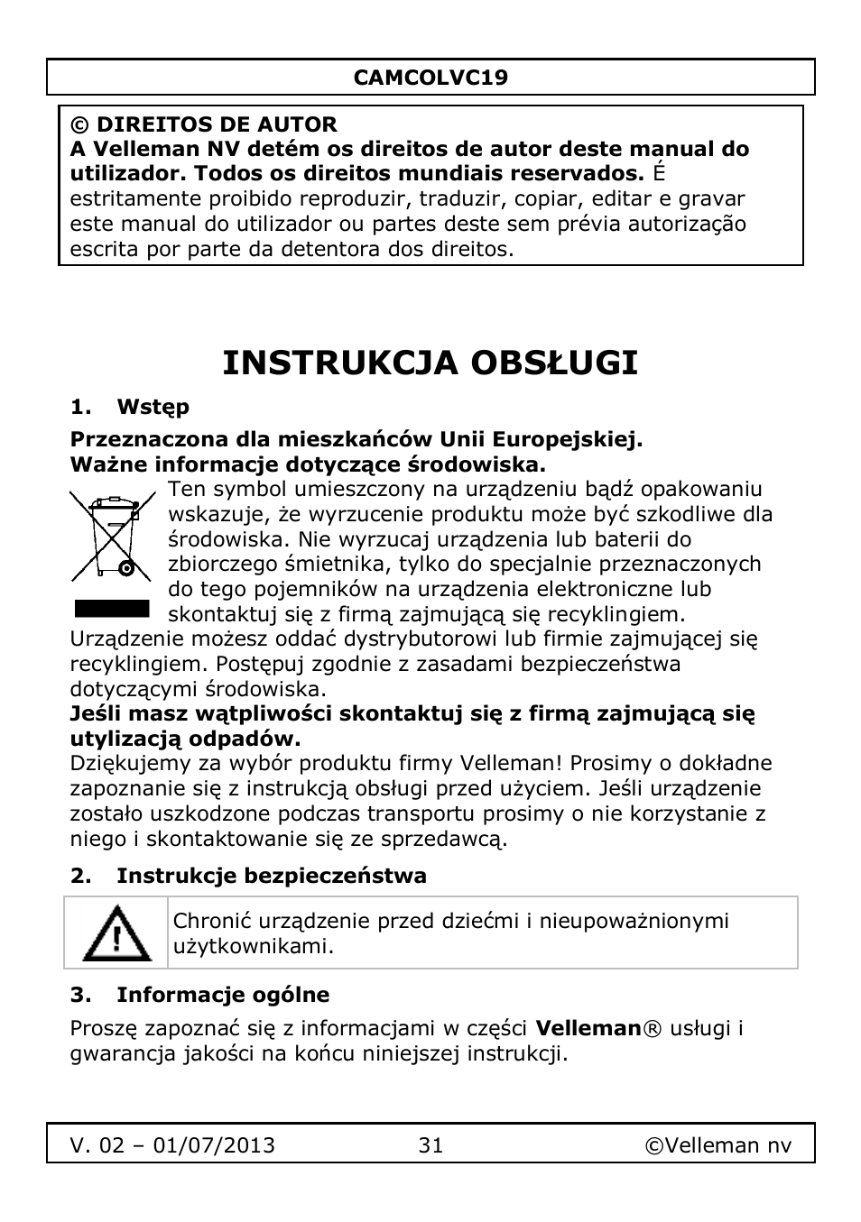 Instrukcja obsługi, Wstęp, Instrukcje bezpieczeństwa | Informacje ogólne | Velleman CAMCOLVC19 User Manual | Page 31 / 43