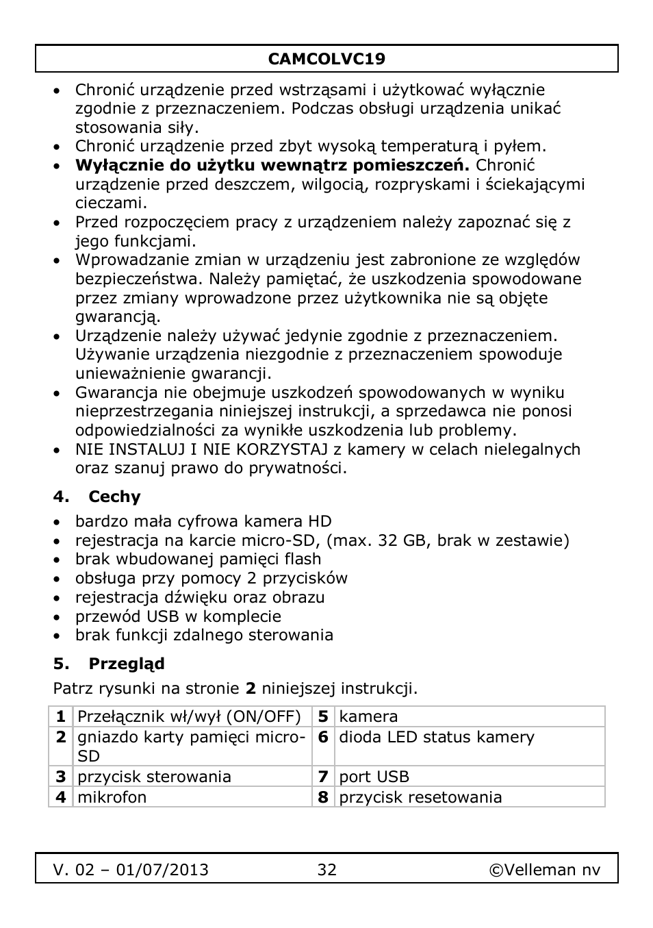 Cechy, Przegląd | Velleman CAMCOLVC19 User Manual | Page 32 / 43